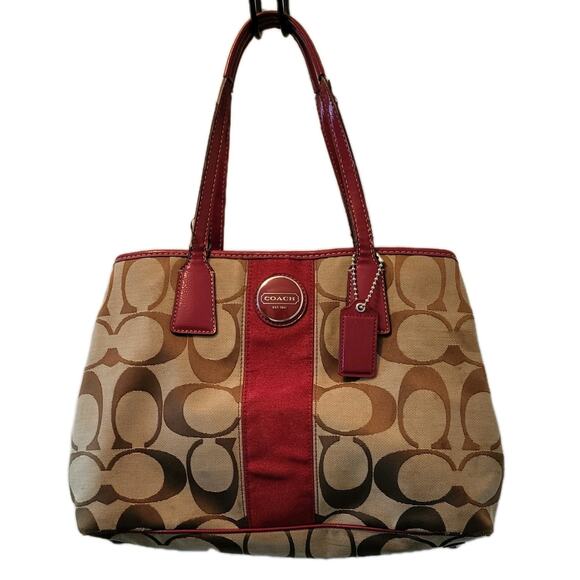 Y2K Coach Signature Stripe Framed Carryall Tote Satchel F17424 Red Stripe - Picture 1 of 16